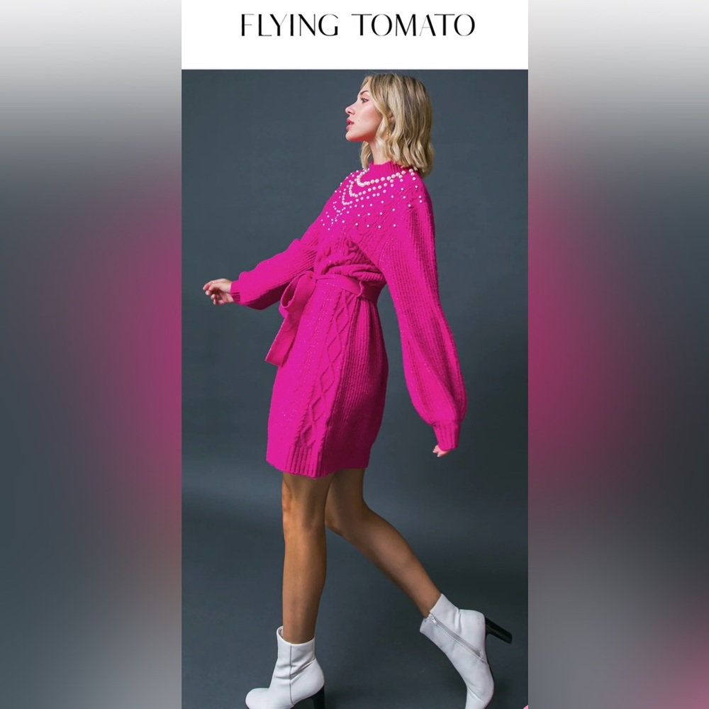 NWOT #179 - FLYING TOMATO BRING THE VIBES SWEATER MINI FUCHSIA DRESS S-Small - Picture 6 of 10